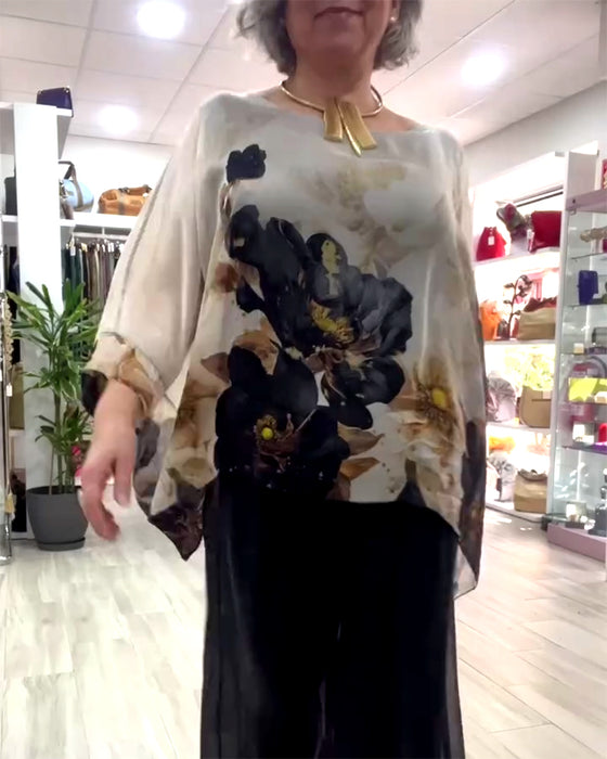 Blouse Lange Mouwen Ongelijk Grote Bloemenprint