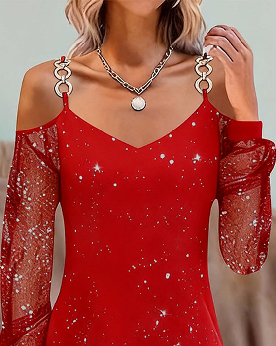 Jurk Met Bandjes Mesh Inzet Lange Mouw