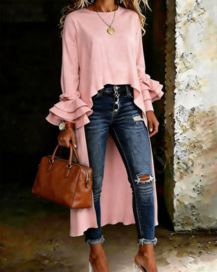 Blouse Voor Kort Achter Lang Gerimpelde Mouw