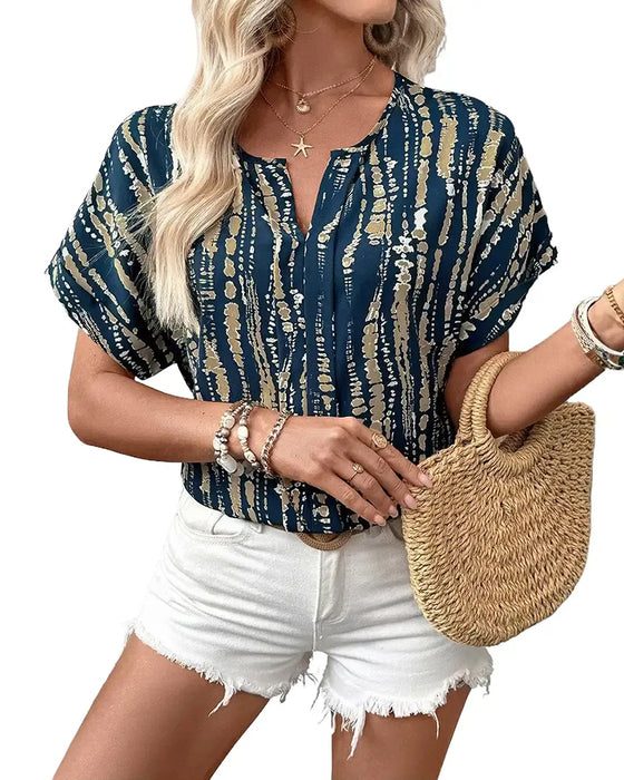 Blouse Tie-Dye Verticaal Strepenpatroon Korte Mouw