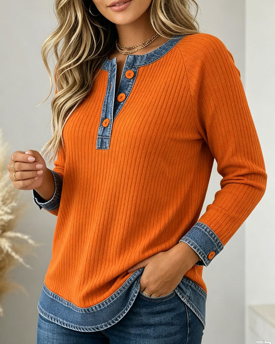 Top Knopen Ronde Hals Armsgat Denim Patchwork