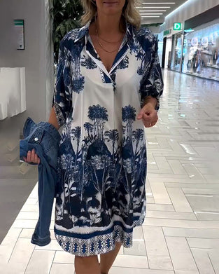 Casual jurk met revers en driekwart mouwen met botanische print