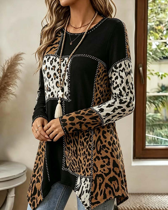 Blouse Luipaard Print Patchwork Onregelmatig
