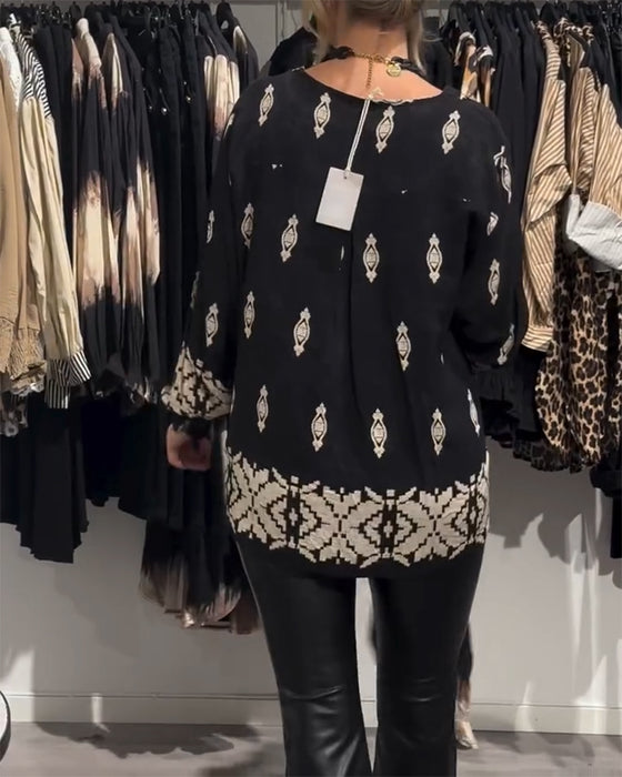 Shirt v-hals lantaarnmouw bedrukt