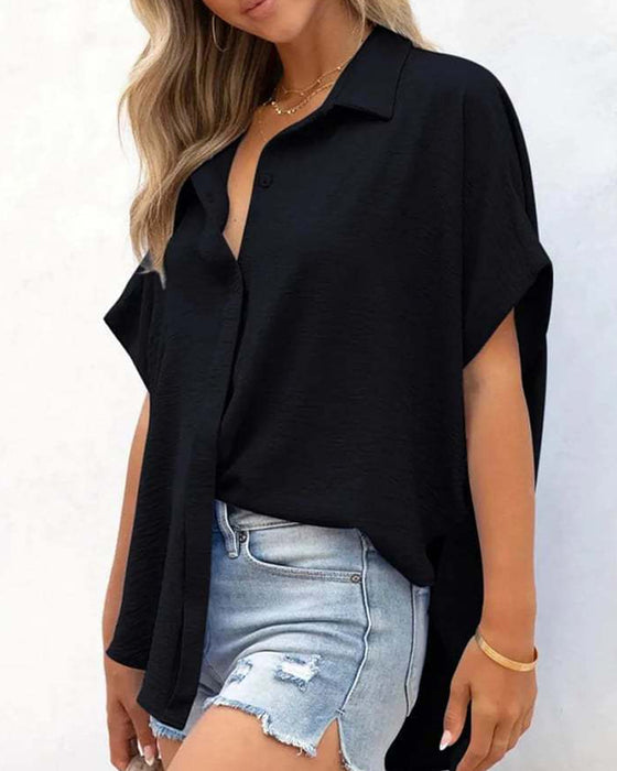 Overhemd Korte Mouw Effen Kleur Casual Loose Fit