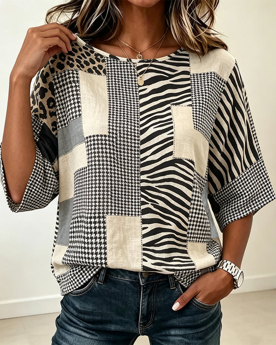 Blouse Ronde Hals Patchwork Ruit Luipaard