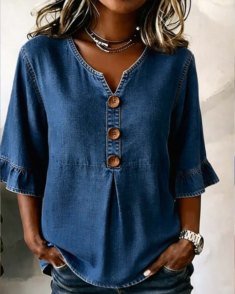 Blouse V-Hals Uitlopende Mouw Denim