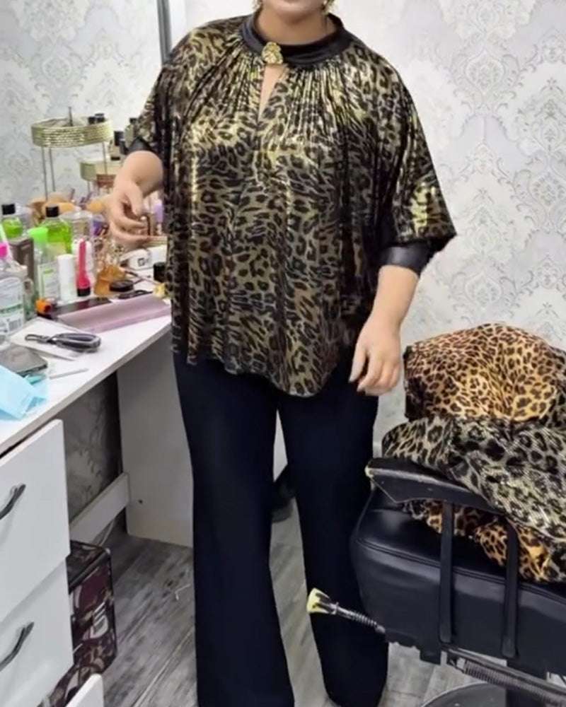 Bloes Stijlvol Losvallend Luipaardprint Crewhals