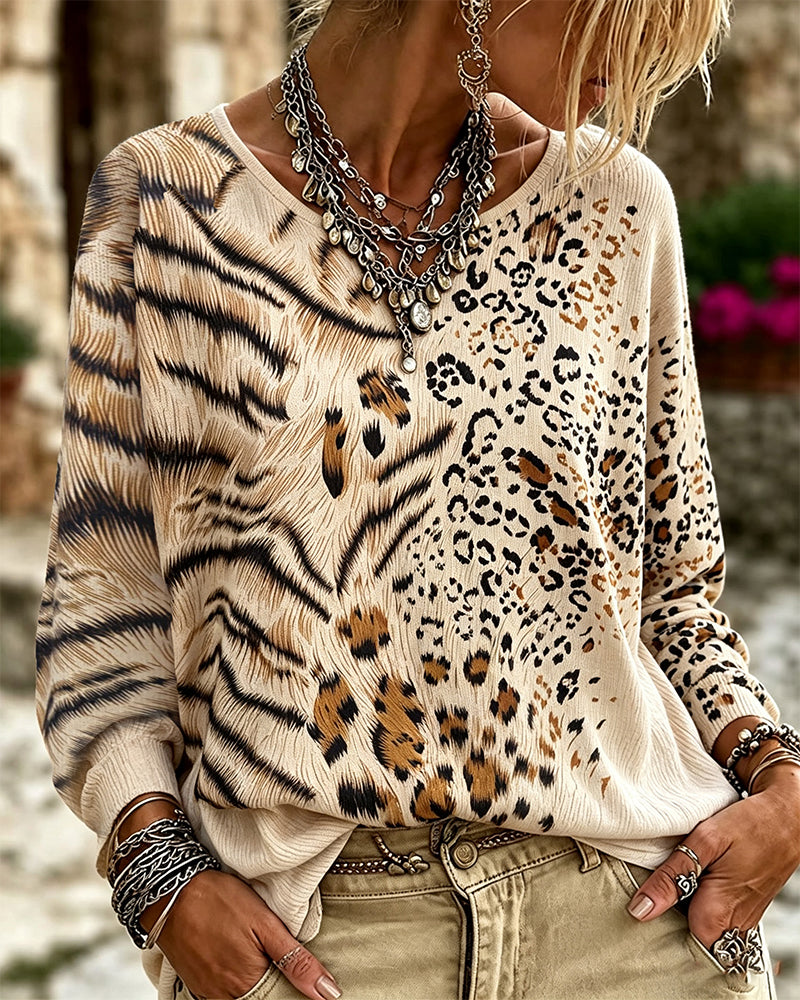 Blouse Rondhals Luipaard Lange Mouw