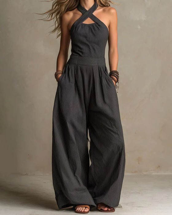 Jumpsuit Halter Kruis Mouwloos Streep