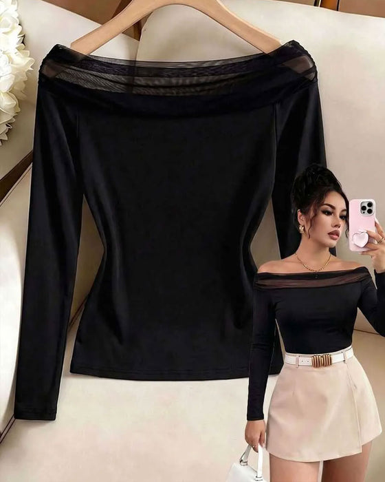 Blouse Bardot Mesh Slim Fit Lange Mouw