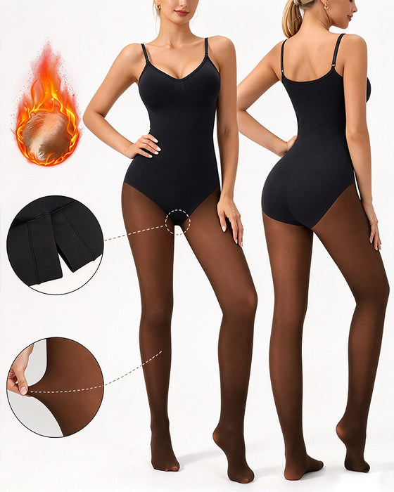 Transparant Paneel Met Fleecegevoerde Panty Stay-Warm Buikcontrole Sheer-Effect Panty Bodysuit Zwart Basic