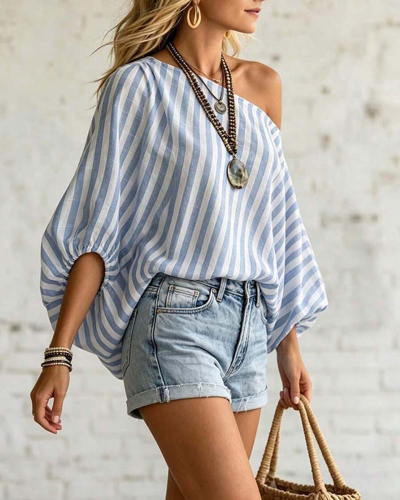 Blouse Asymmetrische Hals Streep Pofmouw