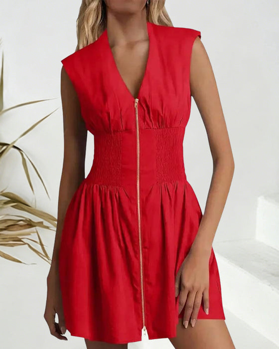 Jurk V-Hals Rits Getailleerde Taille Mouwloos