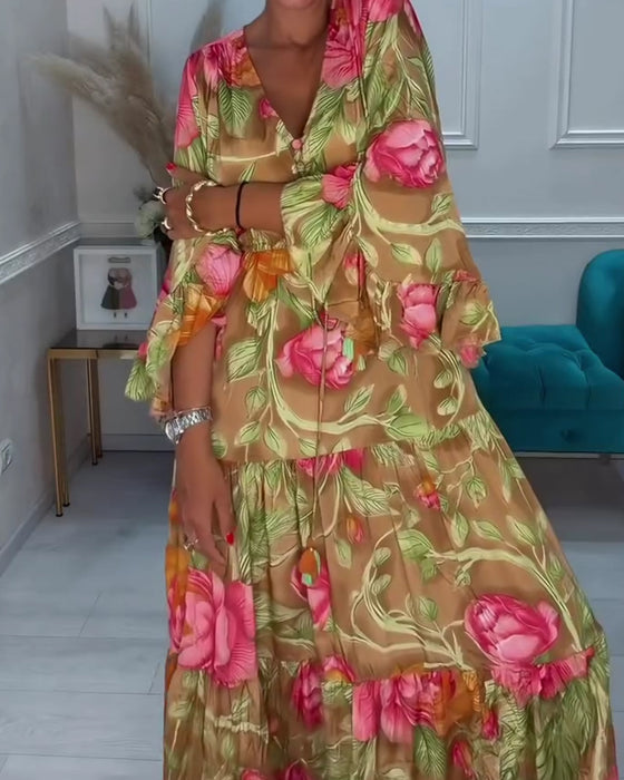 Jurk V-Hals Volle Rok Bloemen
