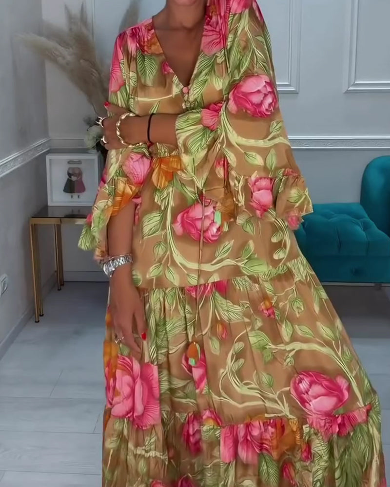 Jurk V-Hals Volle Rok Bloemen