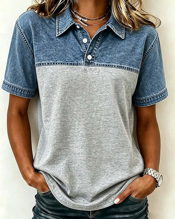 Blouse Korte Mouw Shirt Kraag Denim Patchwork