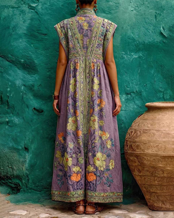 Jurk Retro Print Zak Mouwloos Lang
