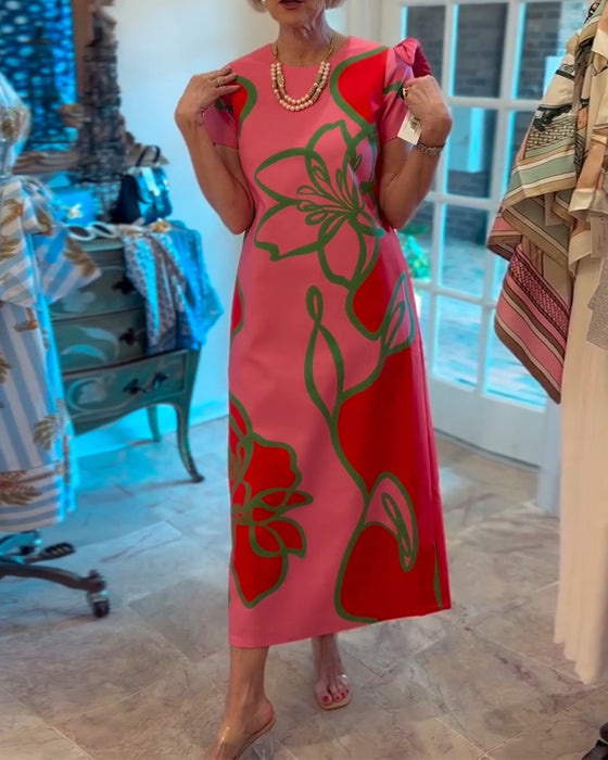 Jurk Color-Block Bloemenprint Recht