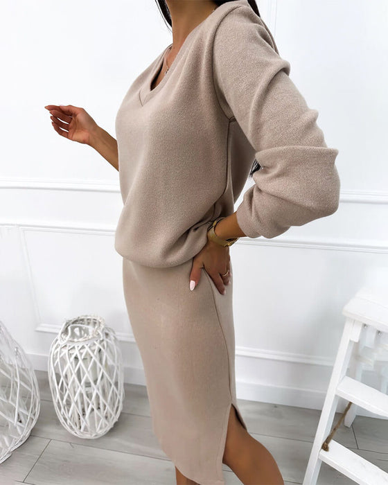 Elegante Set Met V-Hals En Midirok