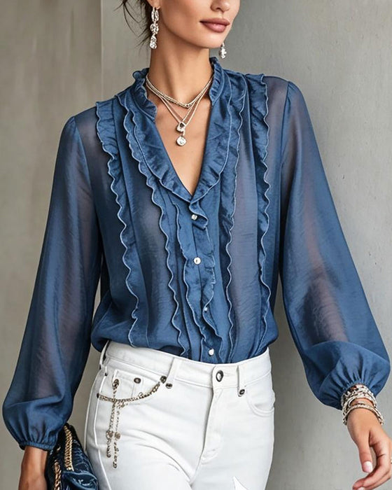 Blouse V-Hals Knoop Ruffle