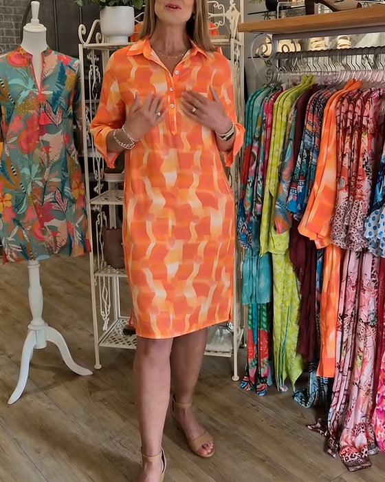 Jurk Driekwart Mouw Met Kraag Geometrische Print