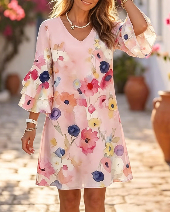 Jurk Aquarelprint Flare Mouw Kort