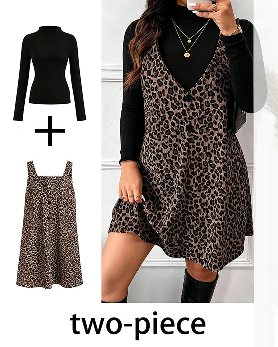 Set Turtleneck Slim Fit Luipaardprint Tuinbroekrok
