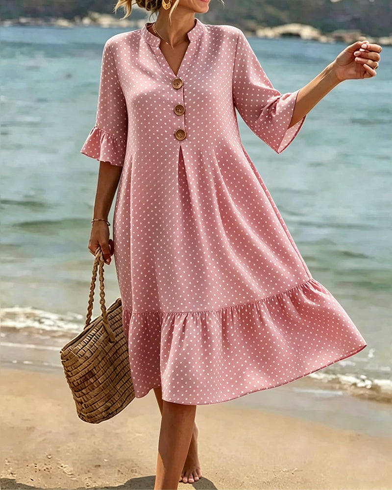 Jurk Polka Dot V-Hals Geruwde Mouw