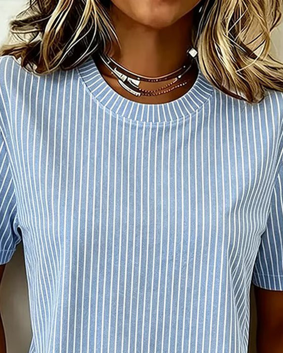 Top Blauw En Wit Verticale Streep Rondhals
