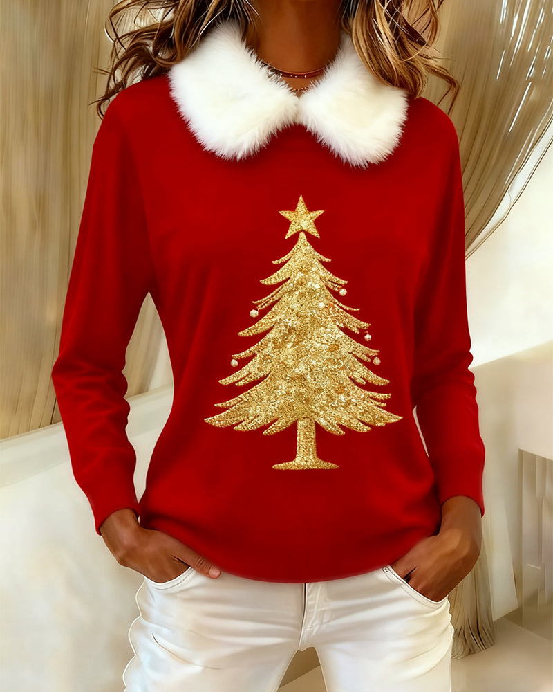 Geprinte Langmouwige Top Met Bontkraag