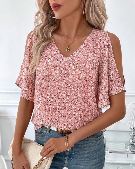Blouse V-Hals Bloemen Off-Shoulder Flutter Mouw