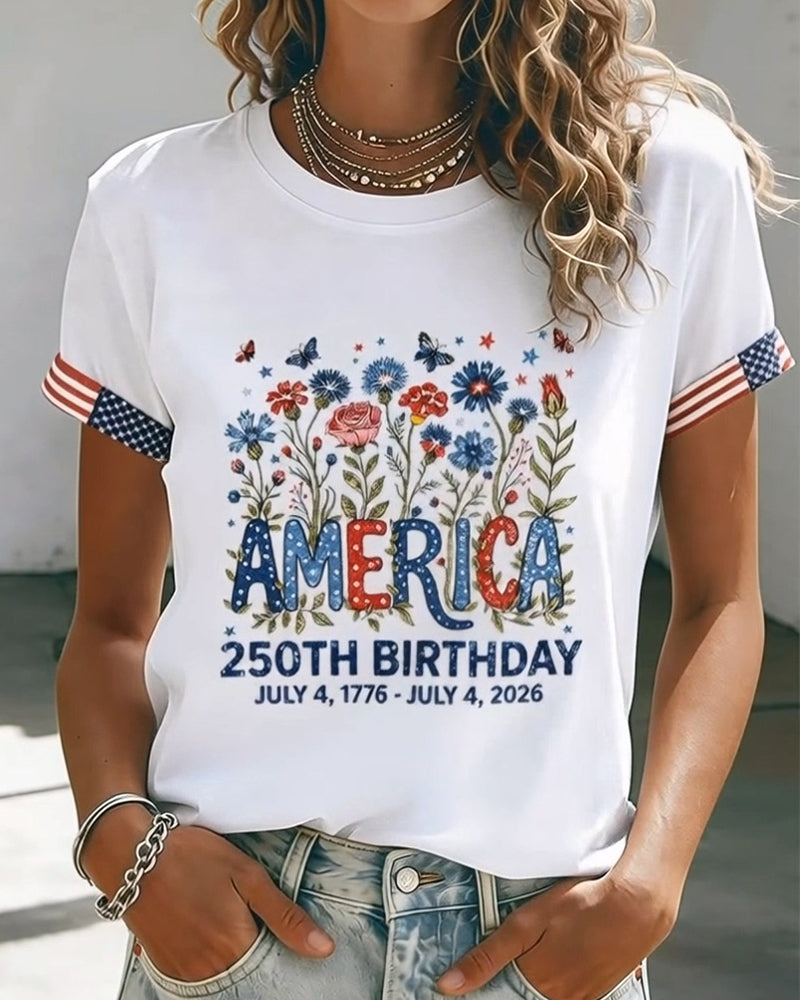 T-Shirt Ronde Hals Letter Kleurrijk Bloemen Afdruk