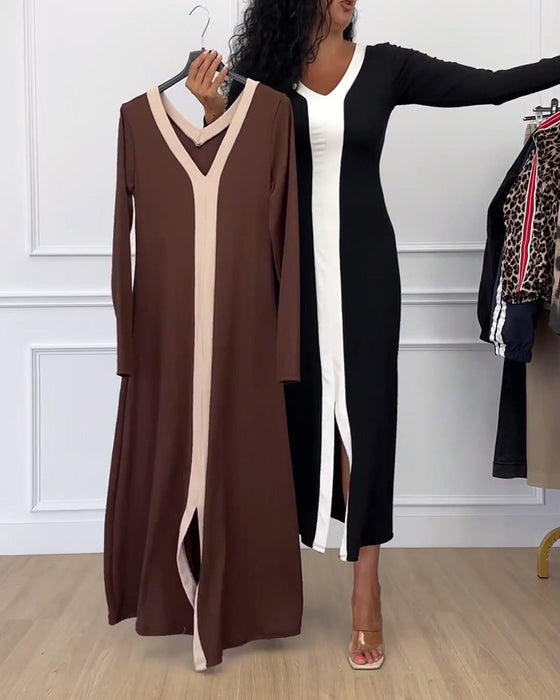 Contrasterende kleur V-hals split elegante jurk