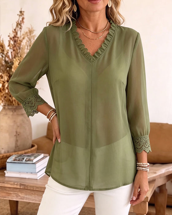 Blouse V-Hals Ruffle Kant Patchwork
