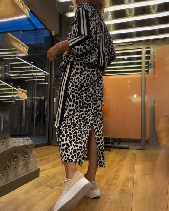 Tweedelige set met gestreepte rok met luipaardprint