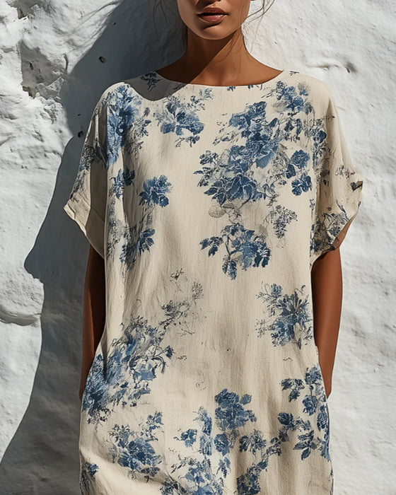 Jurk Ronde Hals Vintage Blauw Floral
