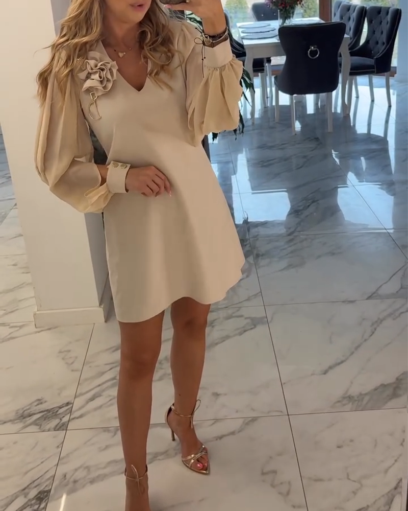 Jurk Driedimensionale Bloem V-hals Lantaarn Mouw