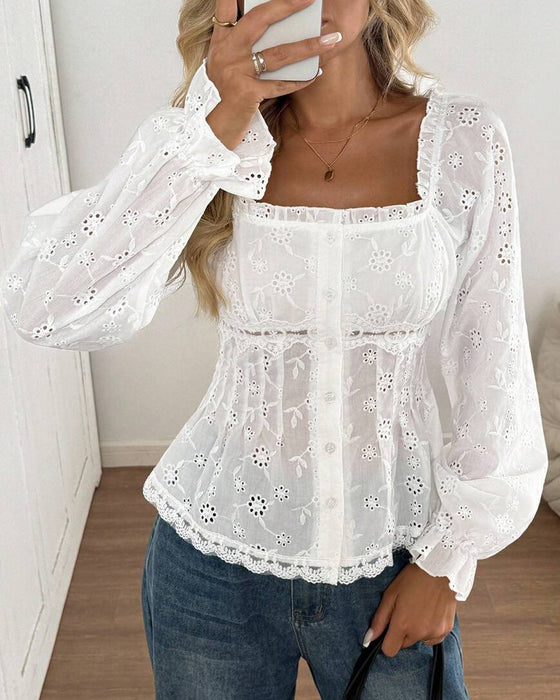 Blouse Vierkante Hals Kant Rand Uitsnijding Ballon Mouw