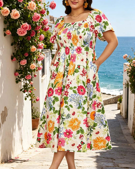 Jurk Vierkante Hals Bloemen Smock Taillelijn