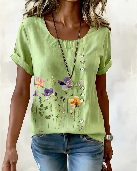 T-Shirt Bloemig Print Ronde Hals Korte Mouw