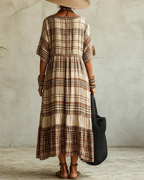 Jurk V-Hals Ruit Patchwork