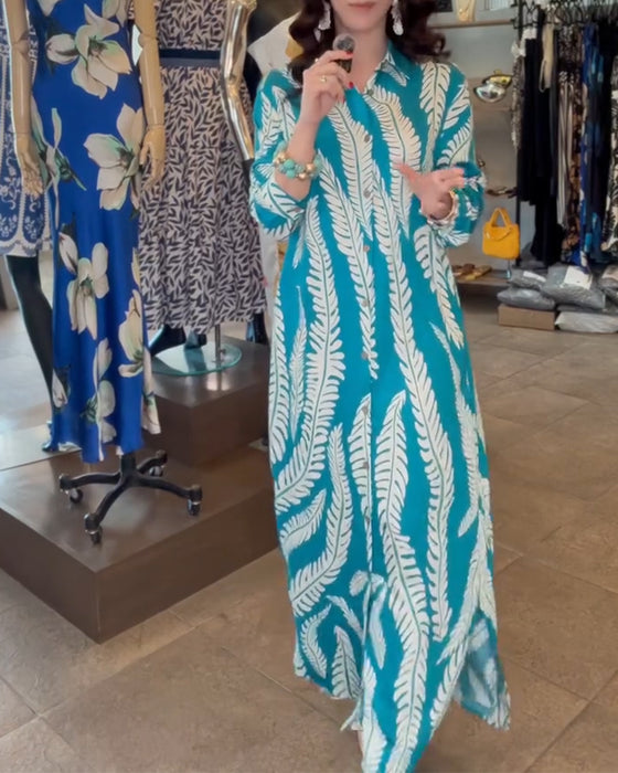 Jurk Gekraagd Blad Print Overhemd