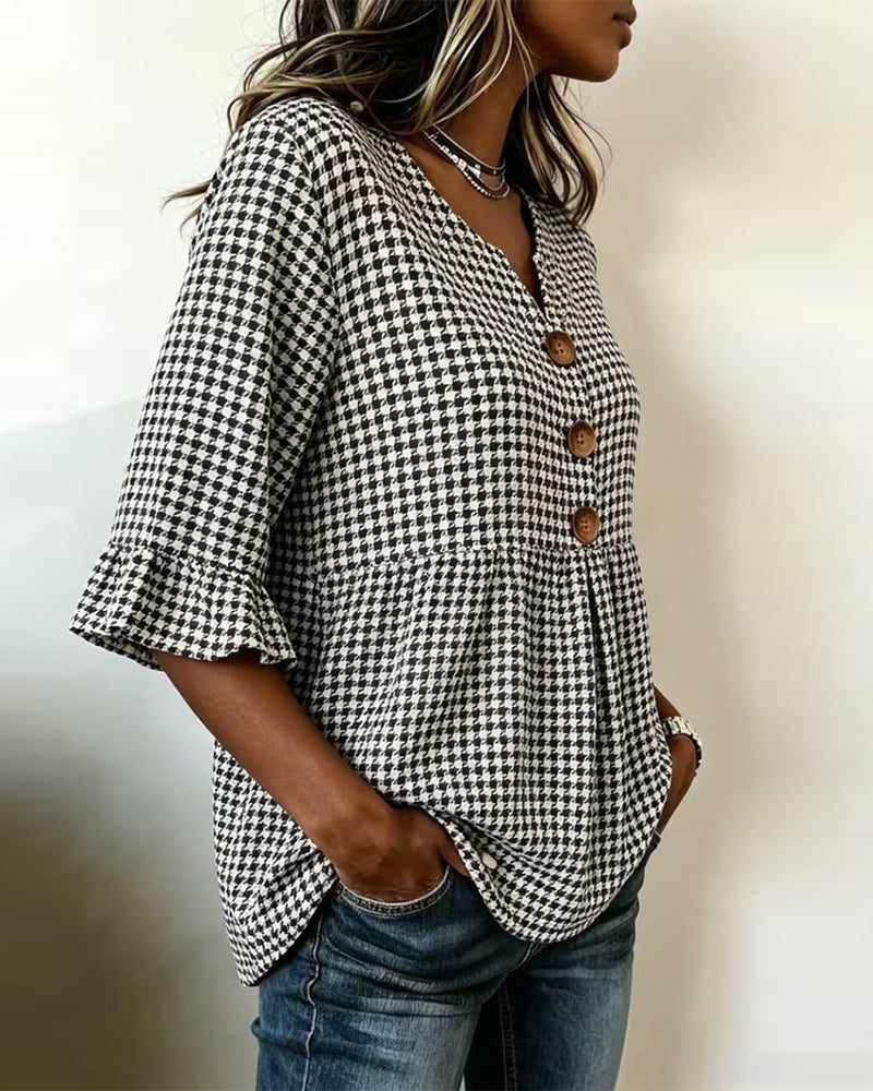 Blouse Ruitjesmotief Drieknoops Casual