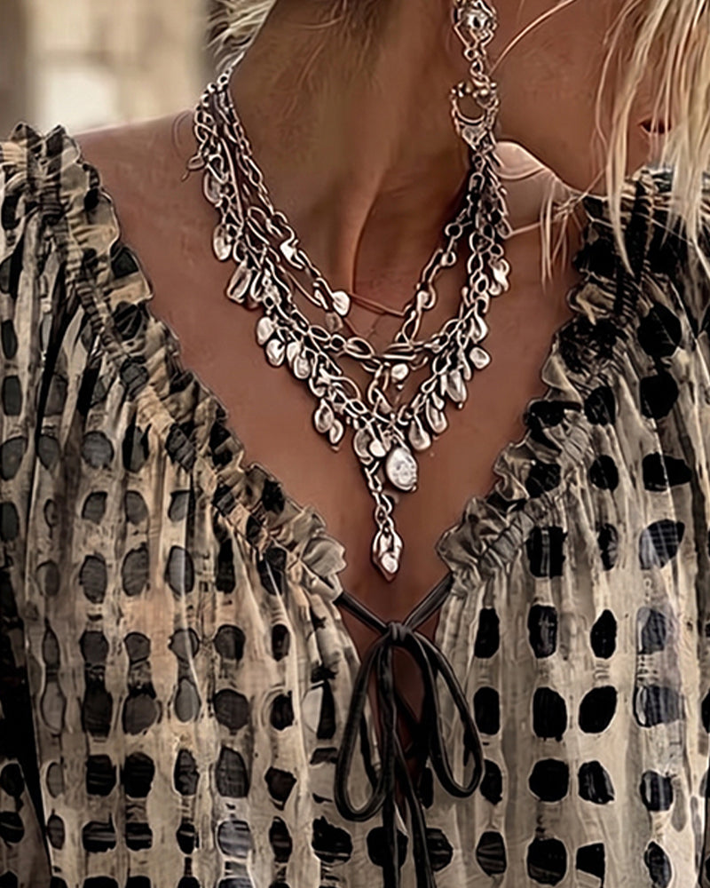 Blouse Stippenpatroon Met Vetersluiting