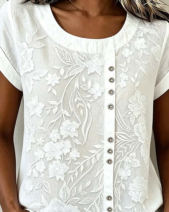 Blouse Bloemen Knoop Ronde Hals Korte Mouw