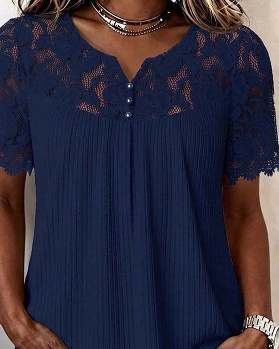 Blouse Kant Patchwork Korte Mouw