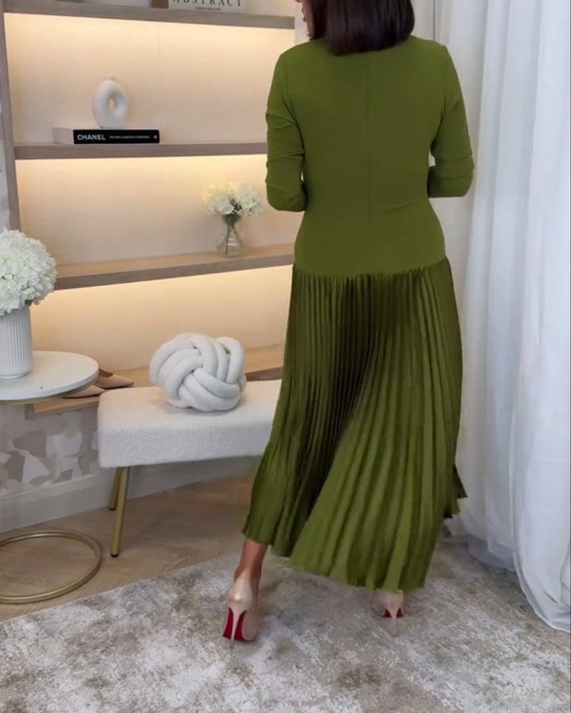 Casual effen kleur jurk met lange mouw en plooi