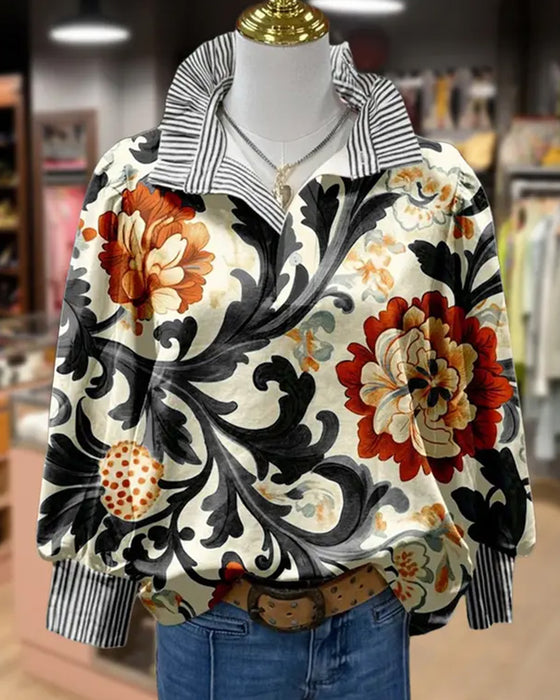 Vintage Bloemen Patchwork Streep Knoopsgat Blouse