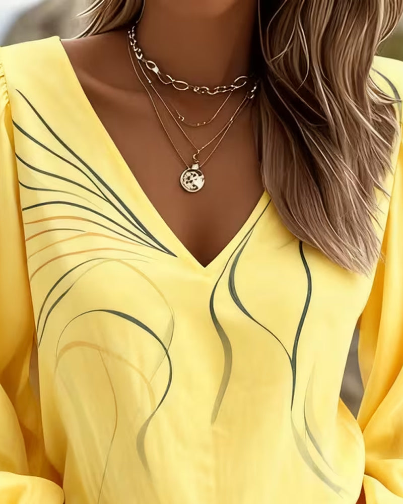Blouse V-hals Lijn Gedrukt Poofmouw